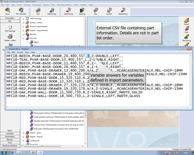 Import a user defined CSV file into the part list