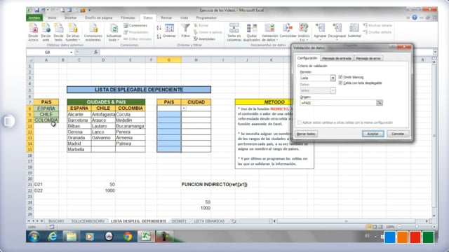 Excel: Funcs. Avanzadas 2 (Listas dependientes, dinámicas, DESREF e INDIRECTO)