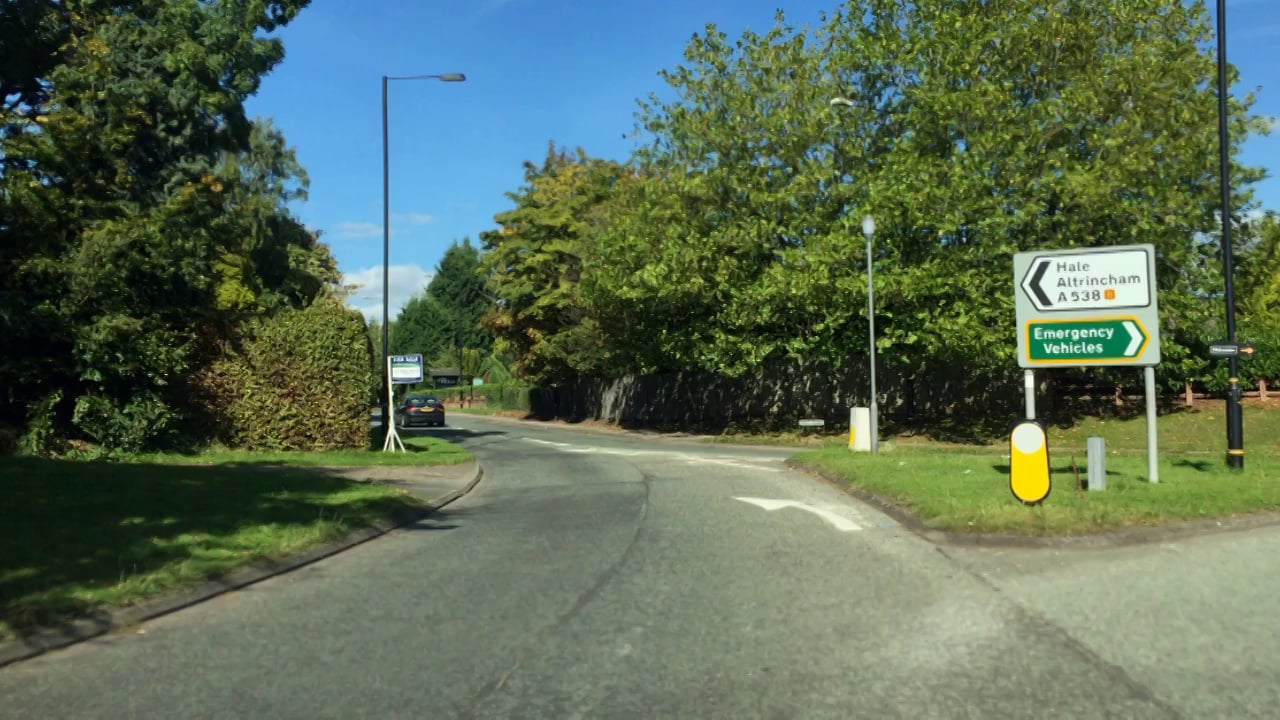 A Sunday drive through Hale Barns down Hale Road from The Marriot Hotel to the traffic lights at Delahays Road.