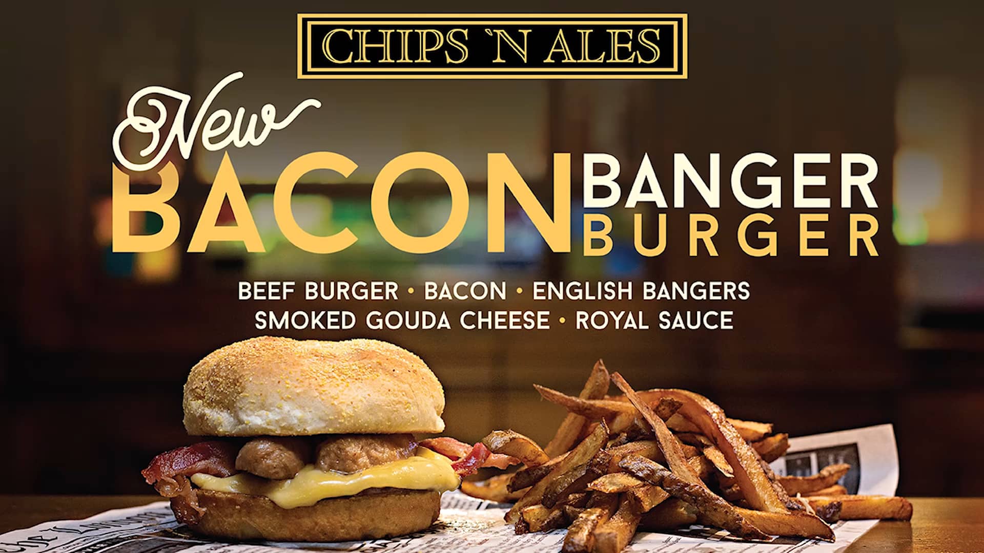 The New Bacon Banger Burger at Chips 'N Ales inside WinStar World