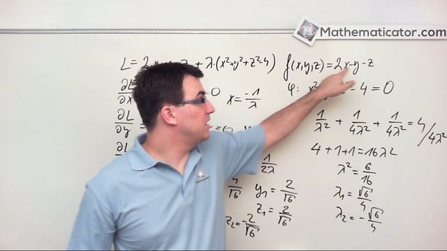 32. Vázané extrémy - Lagrangeovy multiplikátory 2 - Příklad - f(x,y,z) + 1 vazba