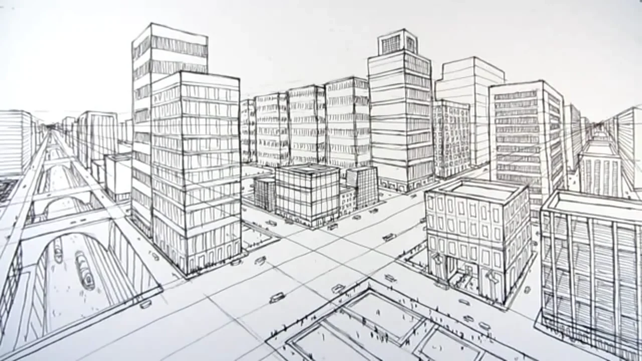 2 point perspective buildings sketch