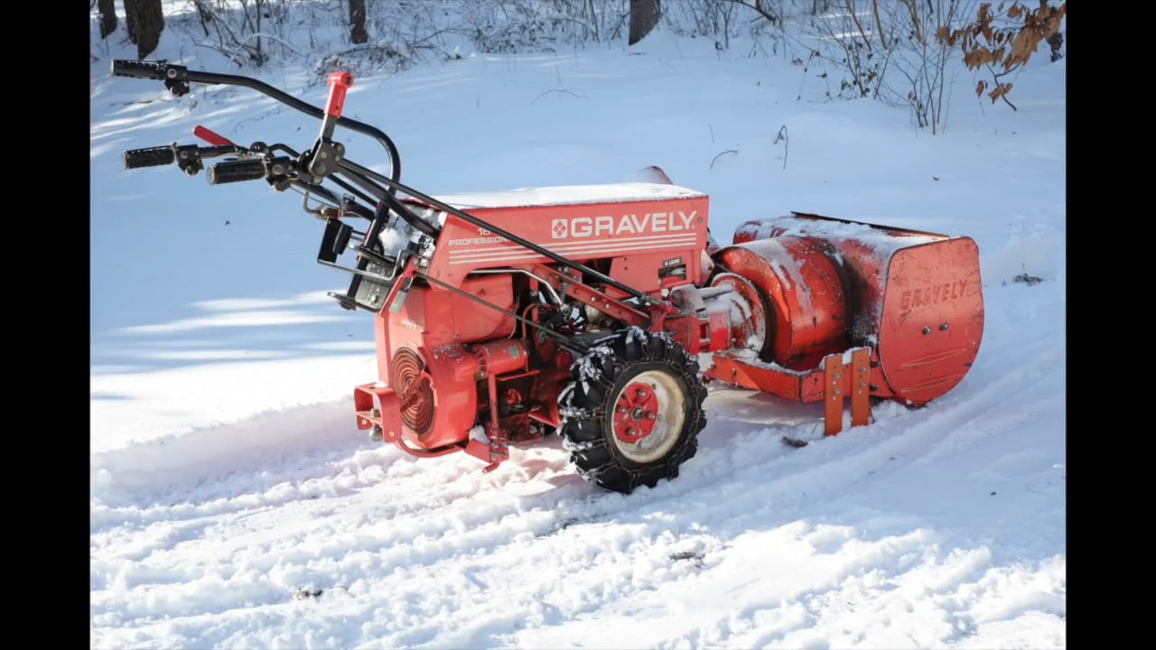 Gravely 26" MA210 Snow Cannon Snowblower coupled to a Professional 16 tractor. on Vimeo