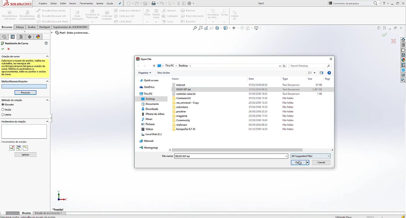 Importar arquivo de pontos XYZ de Scanner 3D para SolidWorks com o Scan
