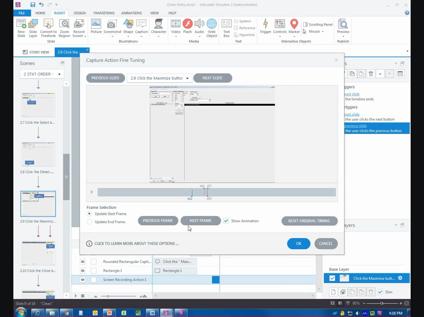 How to use the "Action Fine Tuning" feature in Storyline Screen