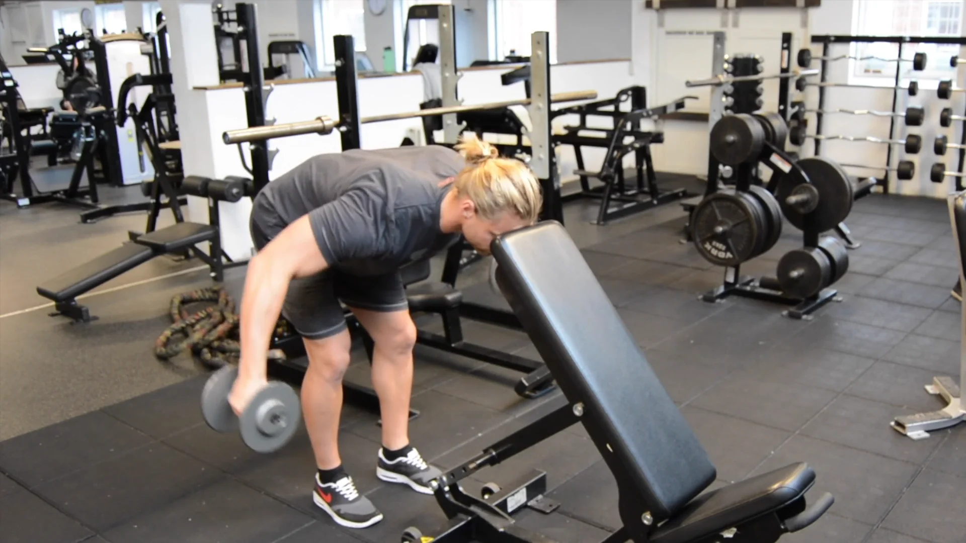 86 Bent Over Dumbbell Rear Delt Raise With Head On Bench on Vimeo