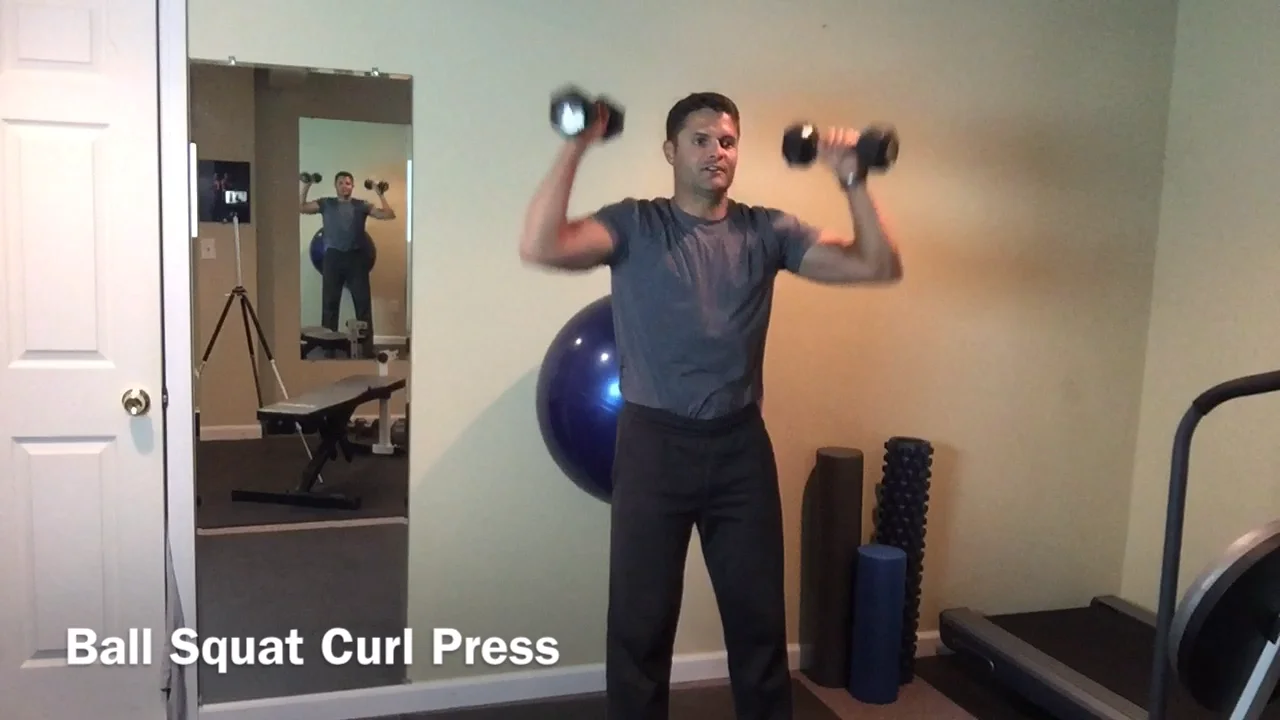 Dumbbell squat curl discount press