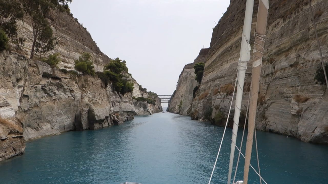 Transiting the Corinth Canal on Sailing Catamaran Golden Glow