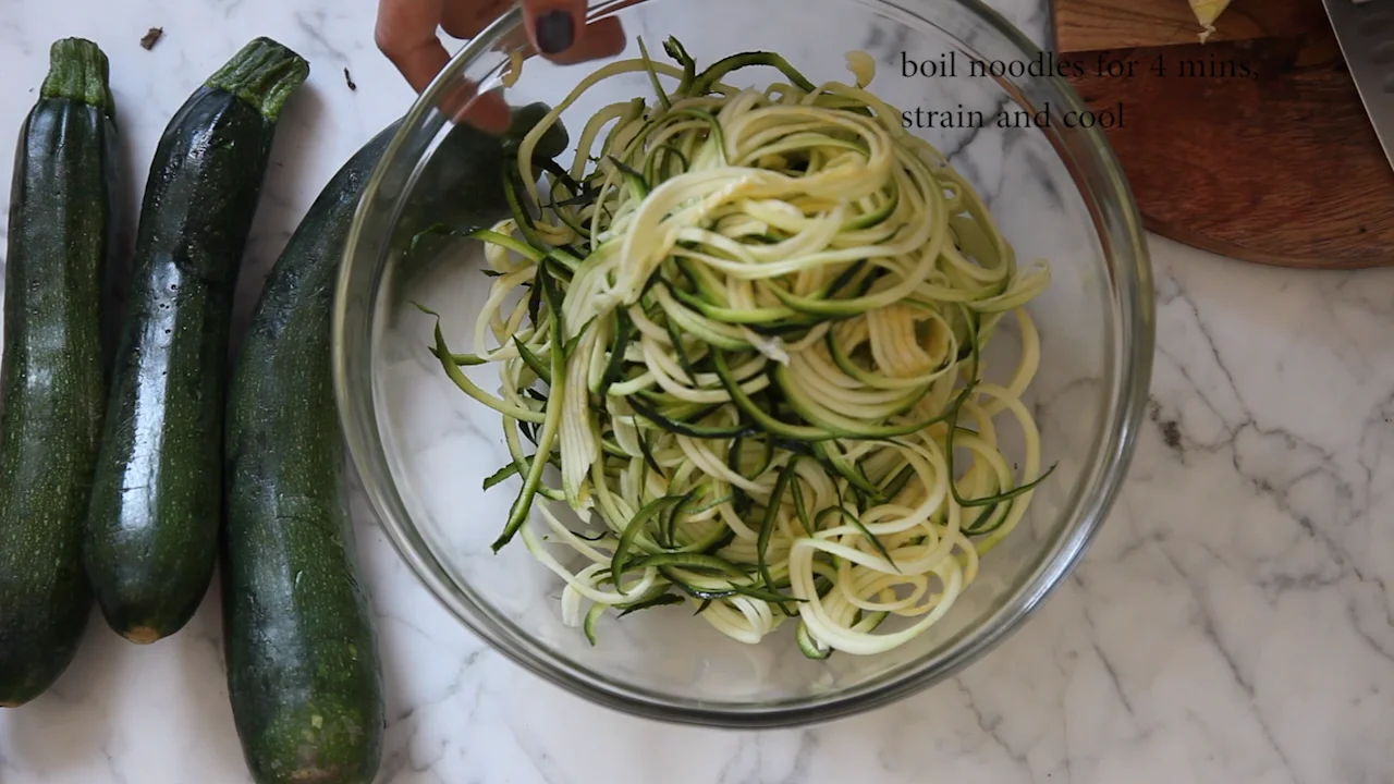 Zucchini Noodles with Harissa Romesco and Black Pepper Chickpeas on Vimeo