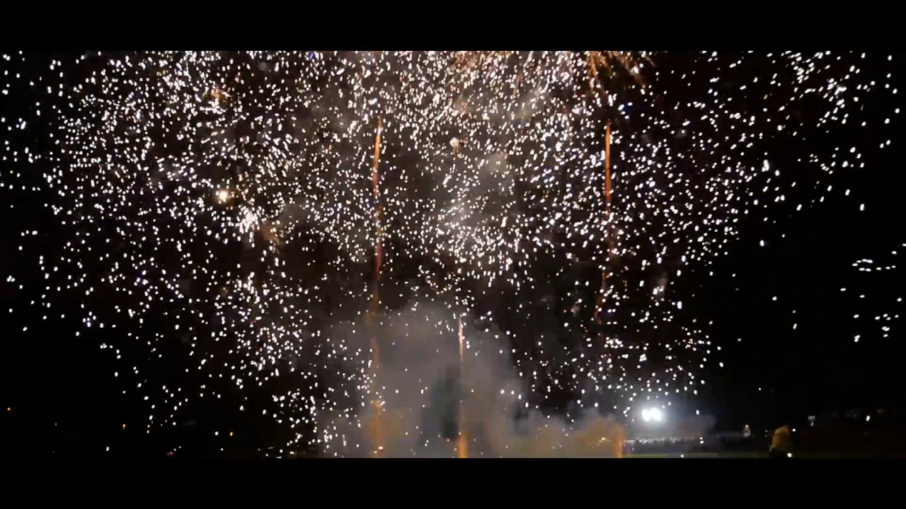 Fireworks display filmed by drone at night