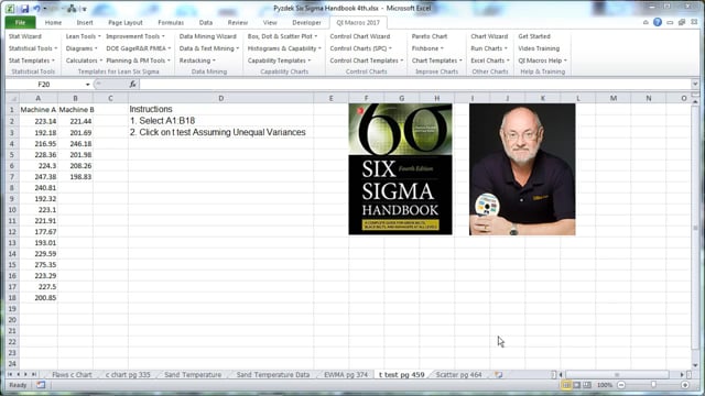 t test pg 459 Six Sigma Handbook 4th Edition Pyzdek & Keller