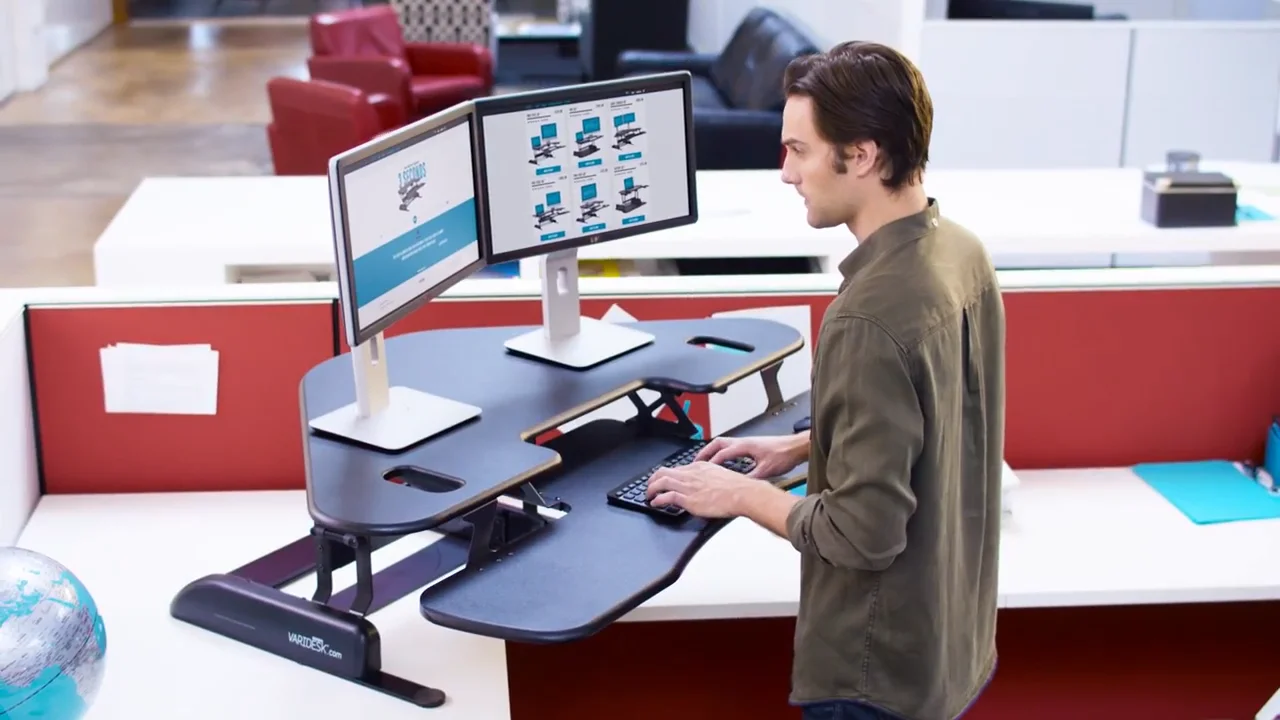 VARIDESK - Dual Monitor Arm 180 - Standing Desk Accessories on Vimeo