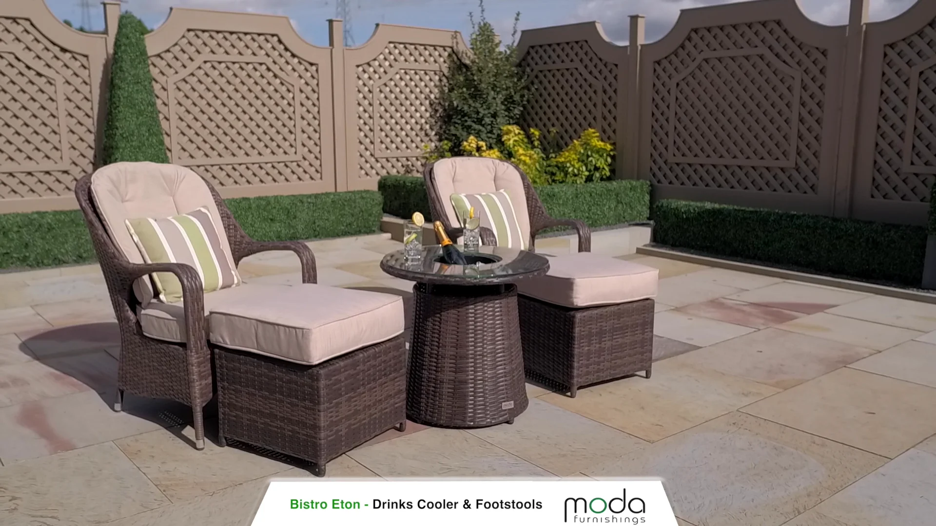 ETON RATTAN BISTRO SET WITH TABLE DRINKS HOLDER AND 2 FOOTSTOOLS