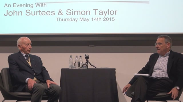 John Surtees in conversation with Simon Taylor at Mercedes Benz World on 14th May 2015.