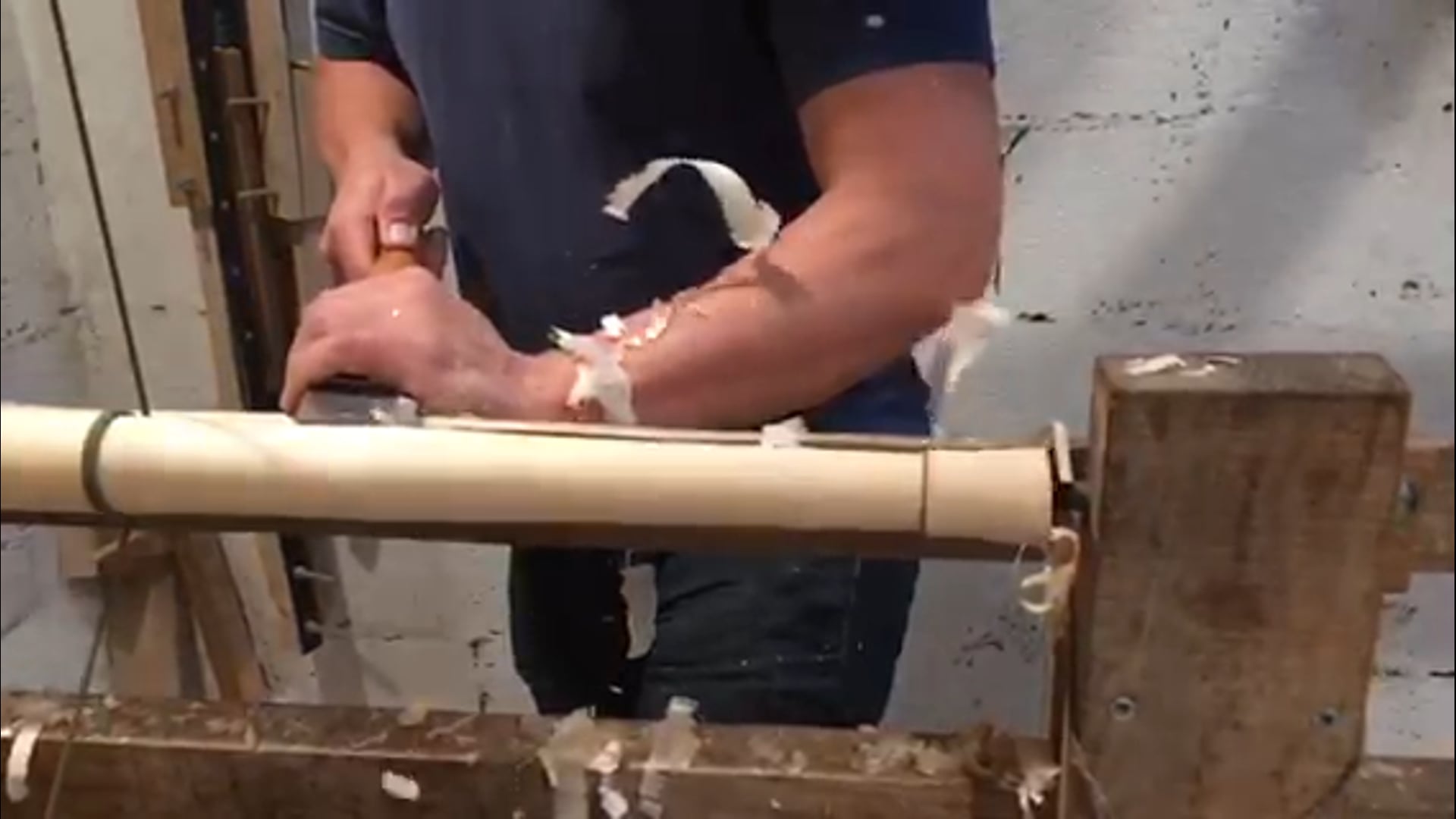 Wood turning on a foot-powered treadle lathe