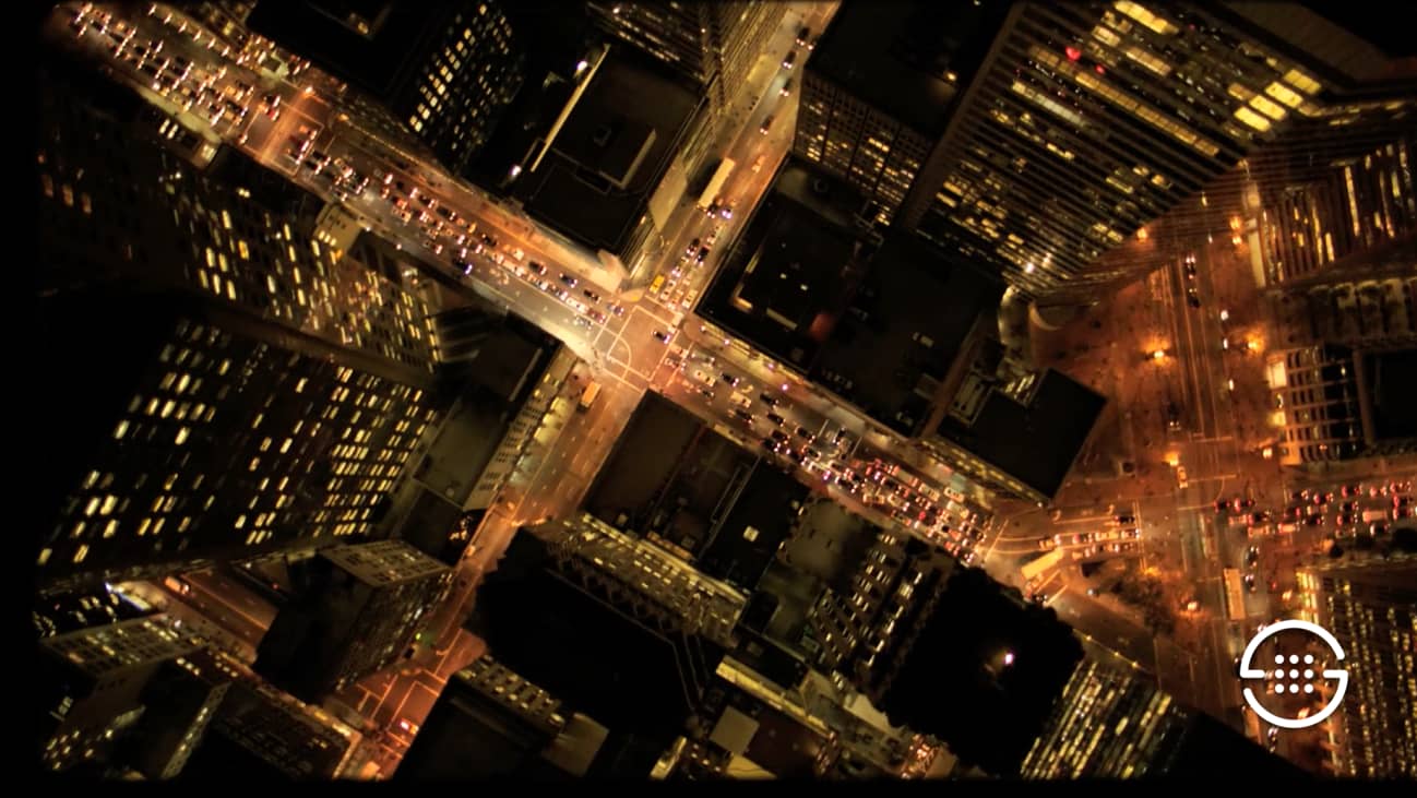 thumbnail for video on call security -- shows arial view of city streets at night