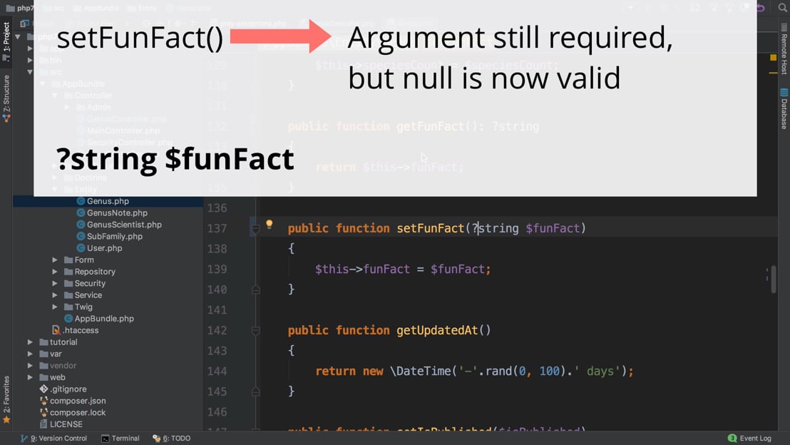 Nullable Types > PHP 7: The Important Stuff | SymfonyCasts