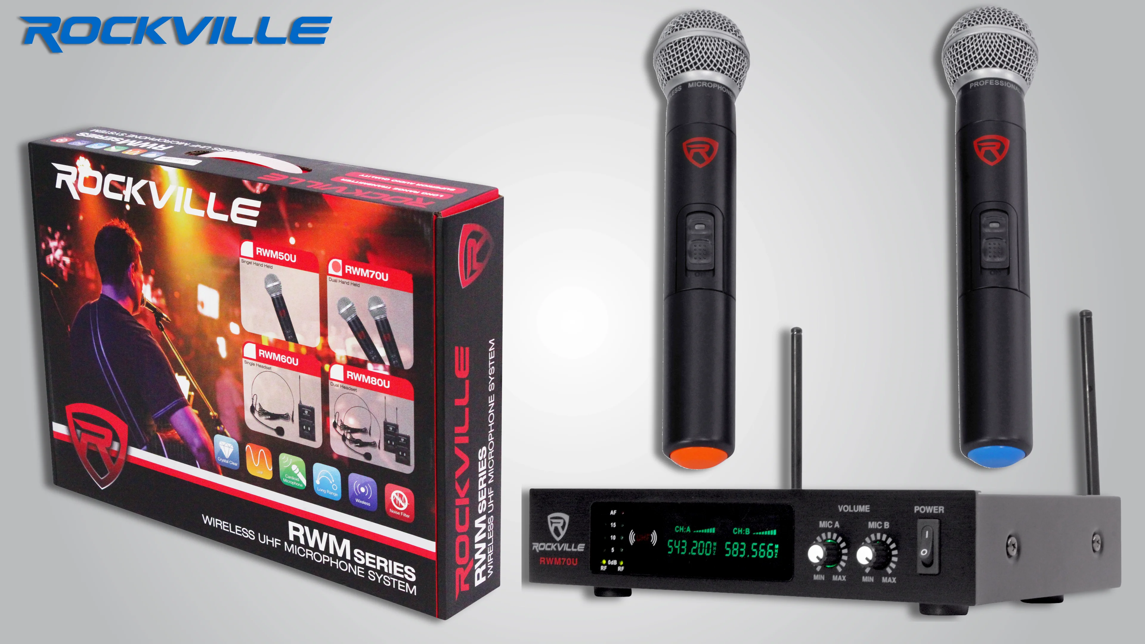 Rockville RWM70U Dual UHF All Metal Handheld Wireless Microphone System w LCD