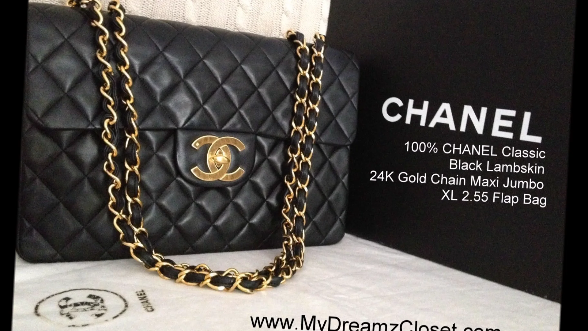100% CHANEL Classic Black Lambskin 24K Gold Chain Maxi Jumbo XL 2.55 Flap  Bag on Vimeo