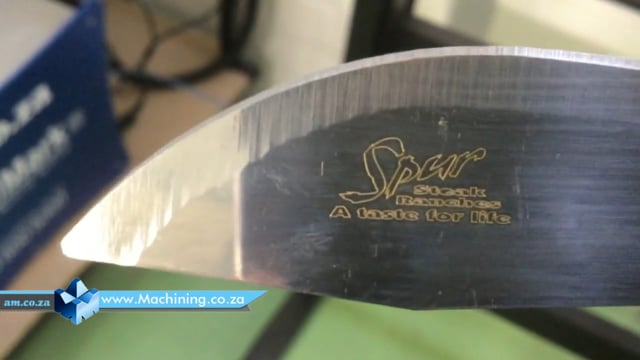 Machining Video: LabelMark 20W Laser Marking Machine Print Spur Logo on Stainless Steel Steak Knife by Outline & Scanning Method