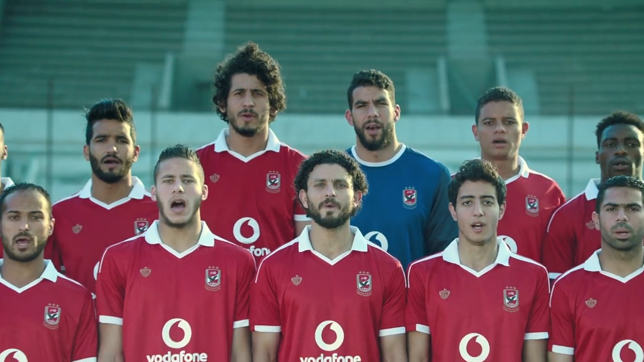The Al Ahly squad lined up in Vodafone shirts