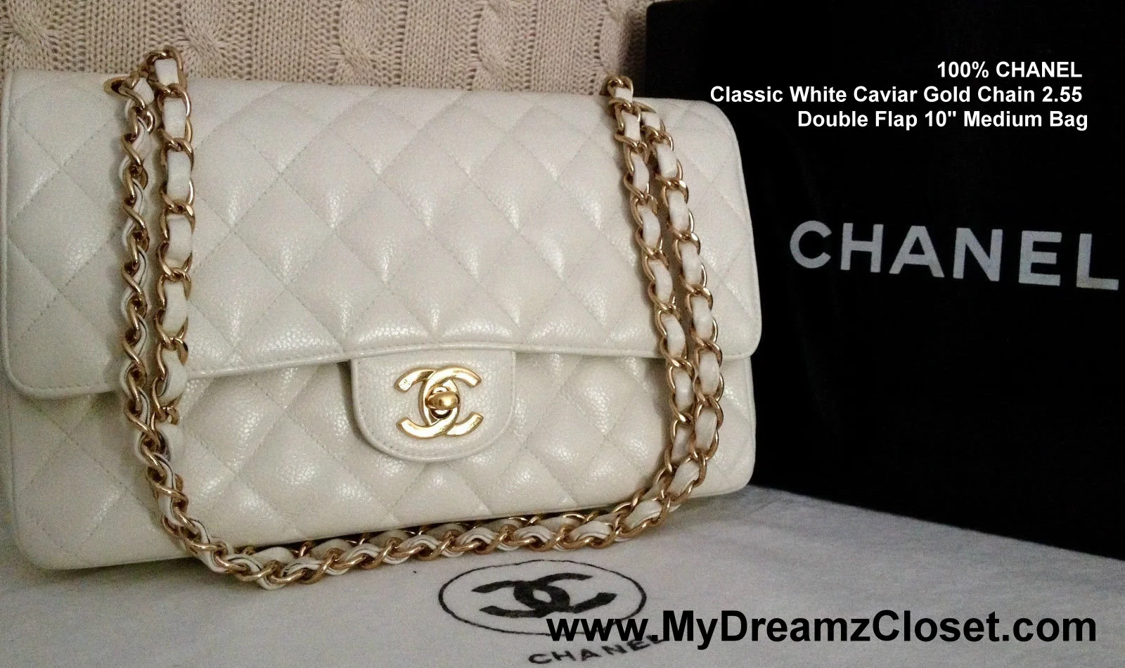 100% CHANEL Classic White Caviar Gold Chain 2.55 Double Flap 10 Medium Bag  on Vimeo