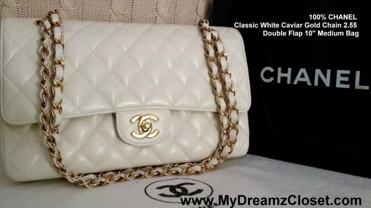 100% CHANEL Classic White Caviar Gold Chain 2.55 Double Flap 10 Medium Bag  on Vimeo