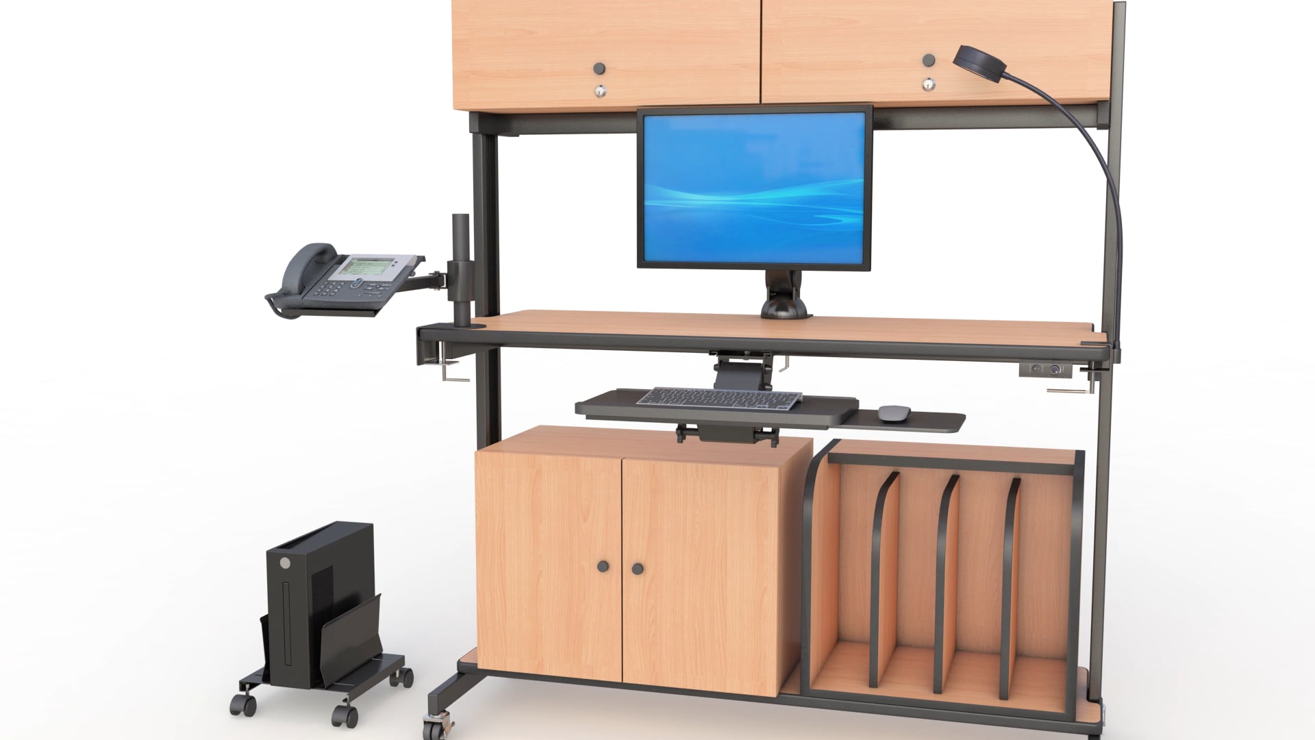 Computer Desk Stand with Shelves and Cabinets on Vimeo