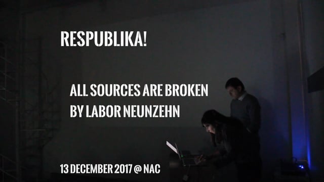 The lecture-performance, which took place on 13 December 2017, focuses on one dimension of the All Sources Are Broken project, namely hypertextuality, books, archive, and the online/offline. The performance consists out of a projection of two video streams combined with the live voice-over of the Labor Neunzehn artists. For R! credits, see http://respublika.neme.org/who/
