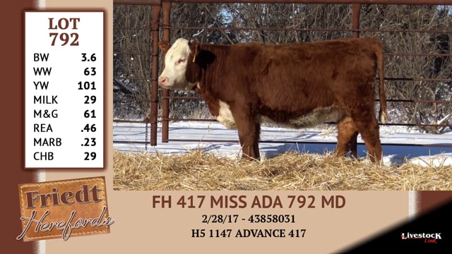 Lot #792 - OUT!  FH 417 MISS ADA 792 MD