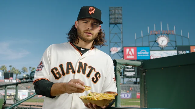 A rainbow colored logo is shown on the jersey of San Francisco Giants'  Brandon Crawford for the team's Pride Day during a baseball game against  the Chicago Cubs in San Francisco, Saturday