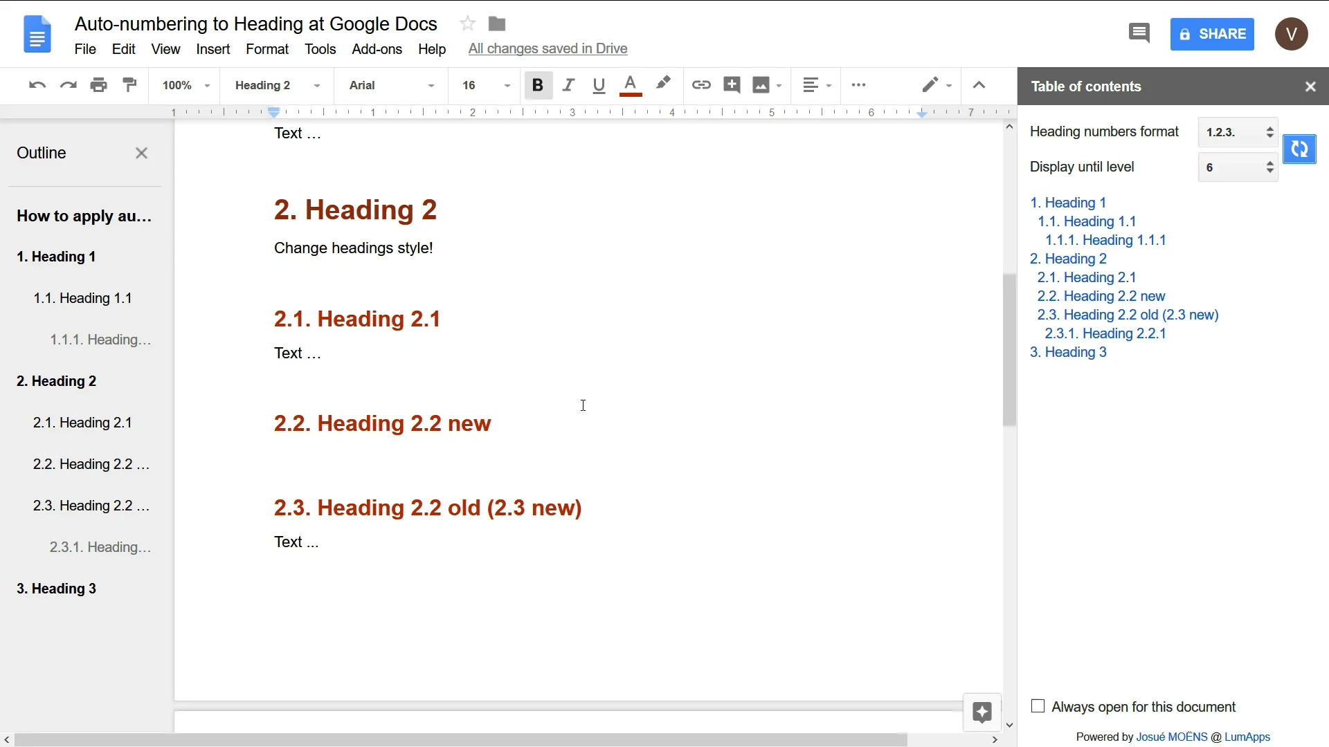 Google Docs Headings and Automatic Outline Numbering