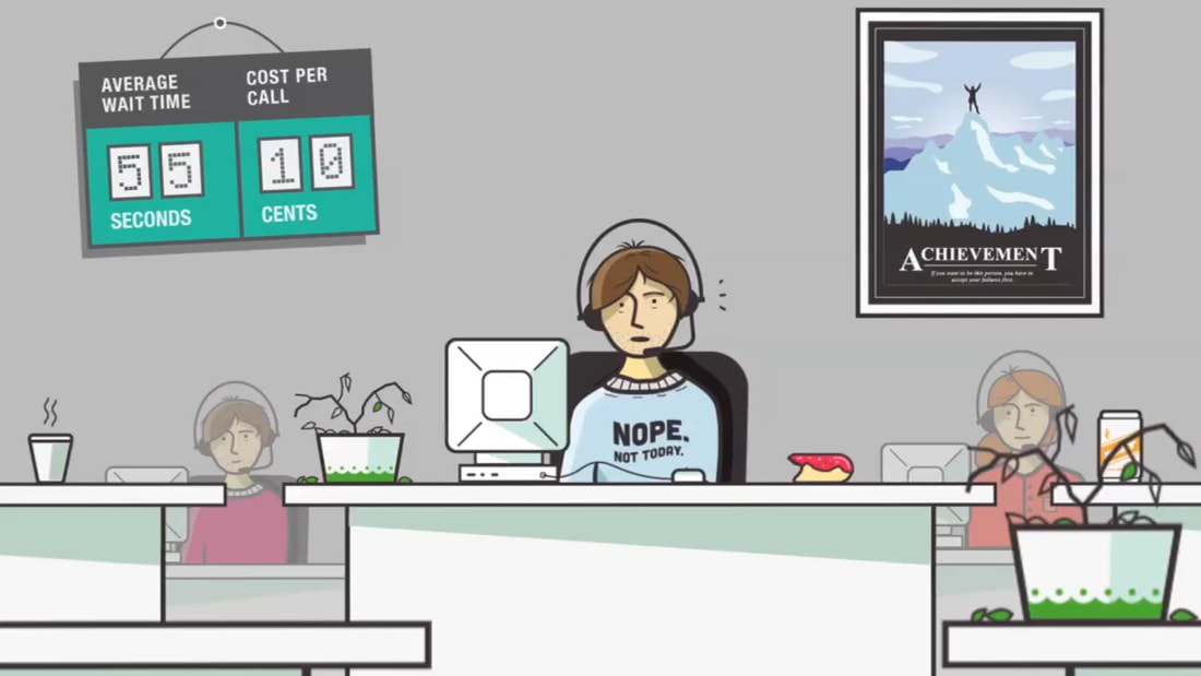 screenshot from animated video showing a disgruntled call center agent