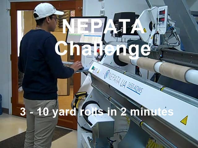 NEPATA UA1650 ADWS roll slitter challenge 10 yard rolls in 2 minutes