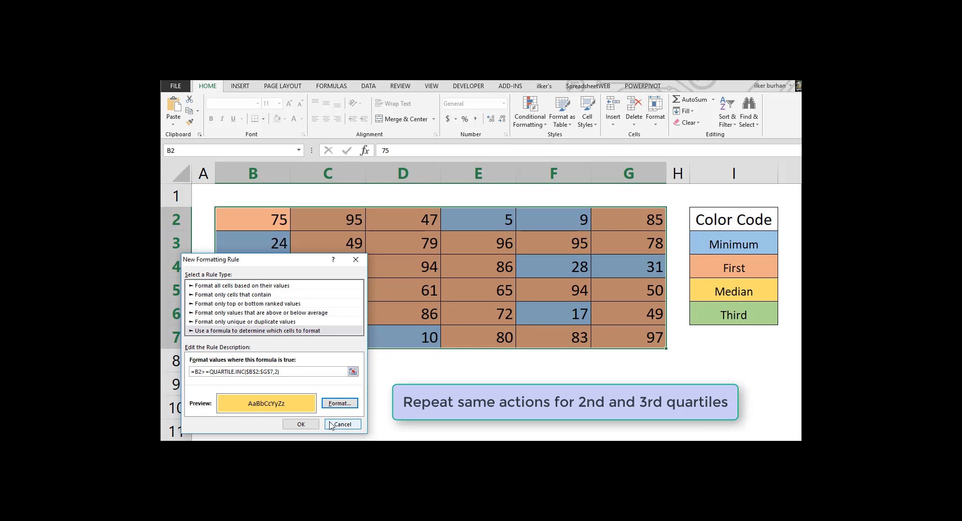 How to highlight quartiles in Excel on Vimeo