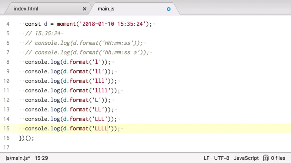 #07 format()を使って表記を指定しよう | Moment.js入門 - プログラミングならドットインストール