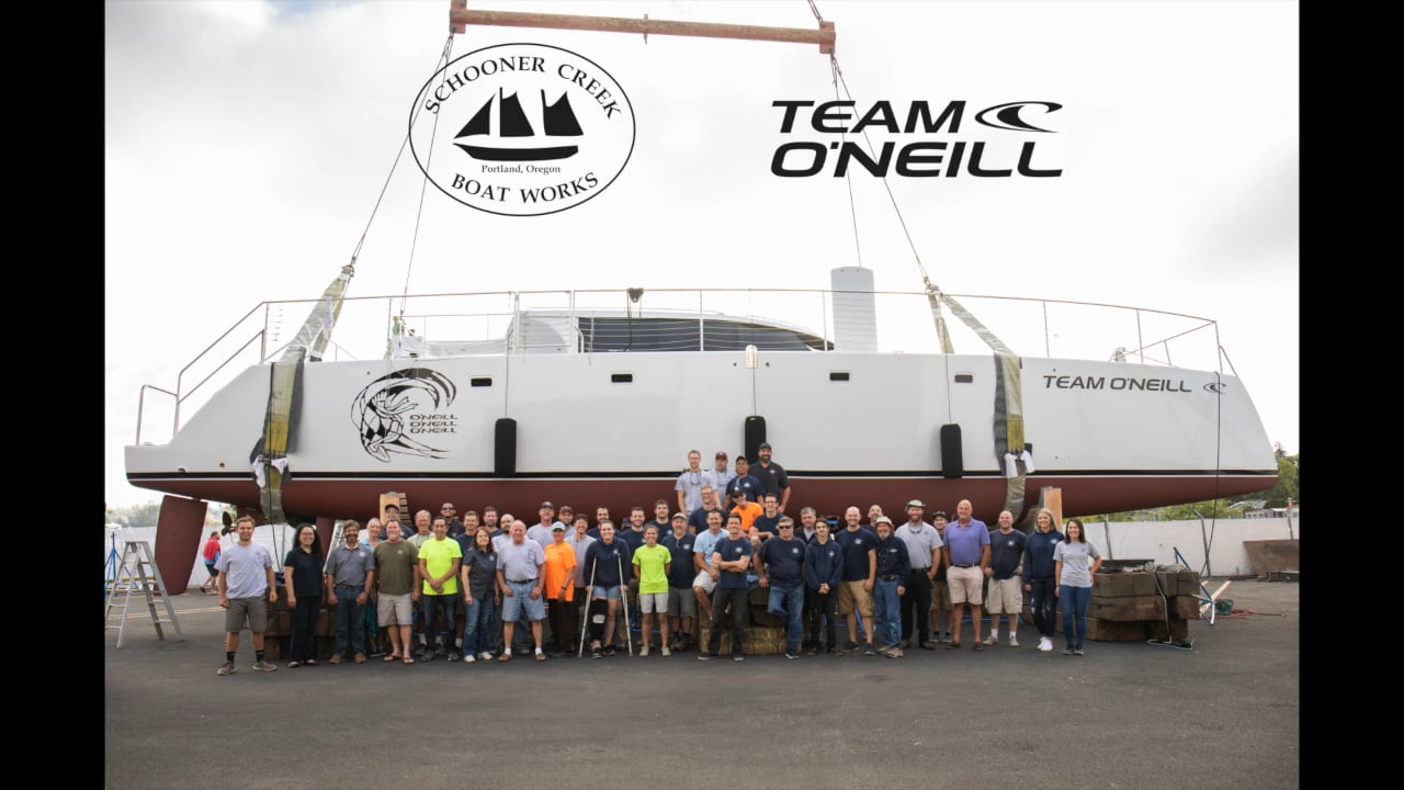 Schooner Creek Boat Works launches Team O'Neill 65' Catamaran on Vimeo