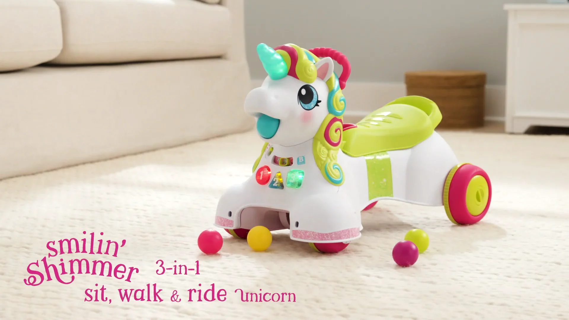 Smilin shimmer 3 in 1 sit walk and store ride unicorn