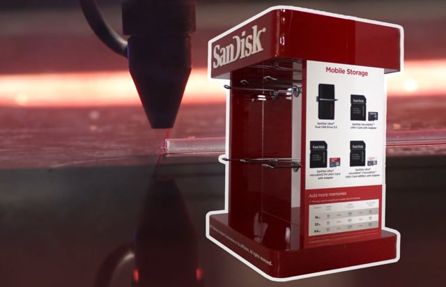 Maker Video: SanDisk Display Stand Made by Red ABS Cut on TruCUT Flatbed CO2 Laser Cutter by Harrogate Plastic