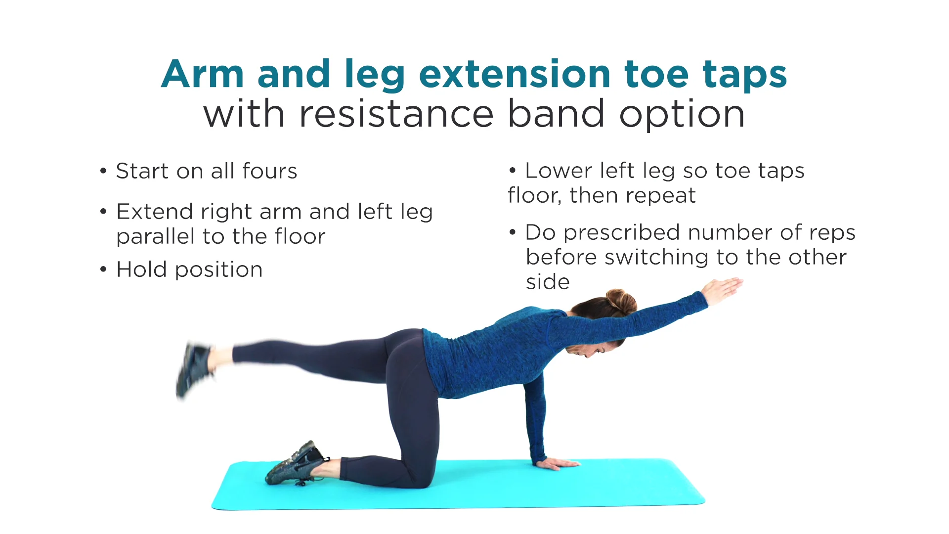 32. Arm and leg extension on all fours tap toes