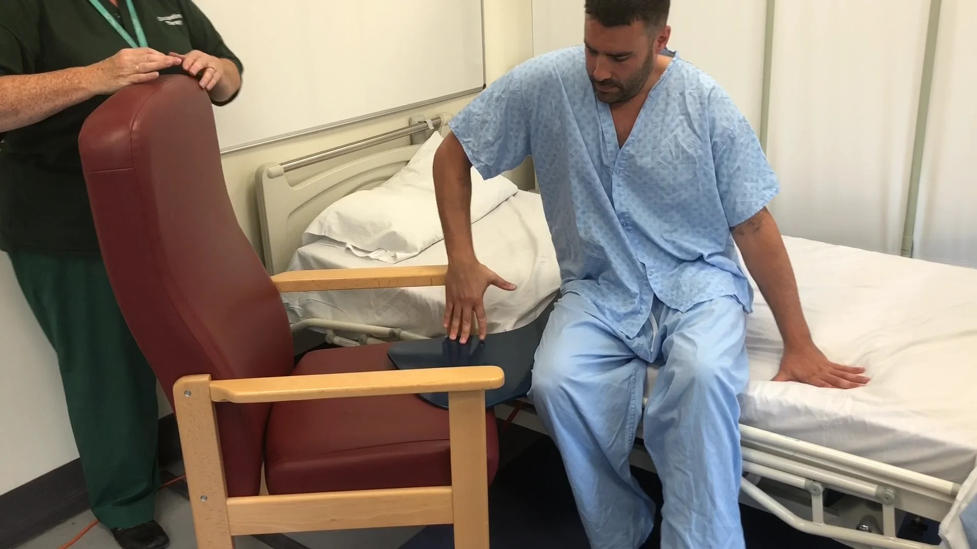 Using a Banana Board to Transfer from Bed to Chair and Back on Vimeo