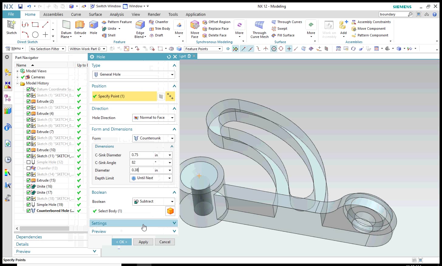 Create a "Countersunk Hole" in NX 12 on Vimeo