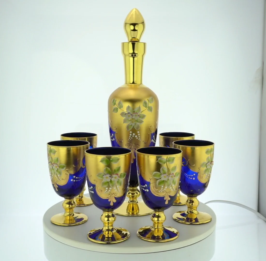 Set of Two Murano Glass Champagne Flutes 24K Gold Leaf - Blue