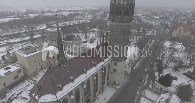 Drone Rising Near Cathedral