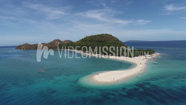 Drone Slowly Flying Away From Island White Sand Beach