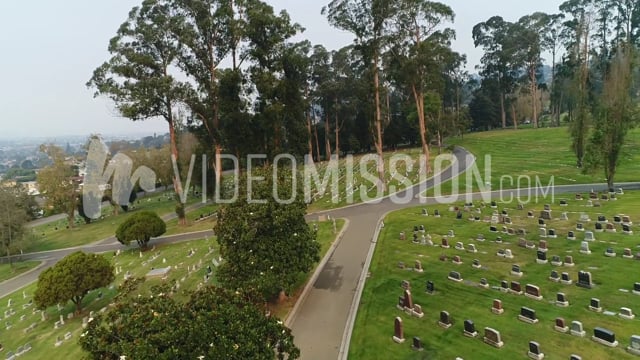 Drone Flying Over Sloped California Grave Yard