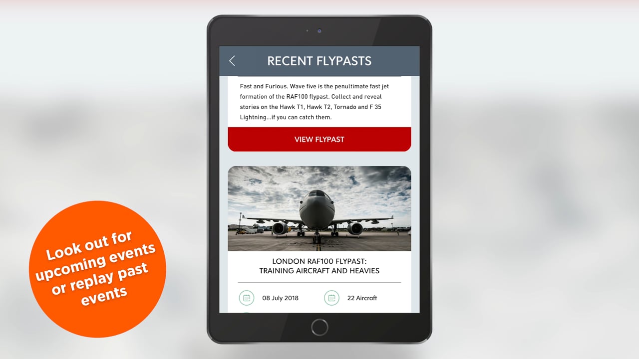 RAF100 flypast app running on a tablet