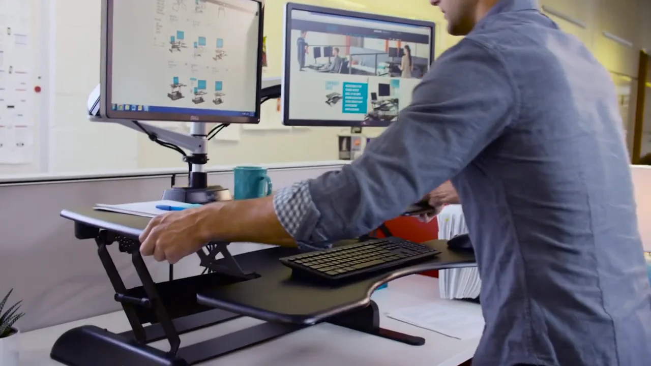 VARIDESK - Dual Monitor Arm 180 - Standing Desk Accessories on Vimeo