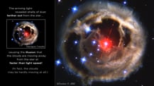 Image of V838 Monocerotis at right. On the left is a panel that shows a smaller image of V838 Monocerotis. Text above and below the image reads "The arriving light revealed shells of dust farther out from the star...causing the illusion that the clouds are moving away from the star at faster than light speed! (In fact, the clouds may be hardly moving at all.)"