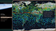 At left is the “Portraits of Earth” logo. Just below is title text that reads "Volcanoes, Mt. Pinatubo." At right is a map of Earth with colorful blotches spread across in an irregular pattern. Text appears toward the right.